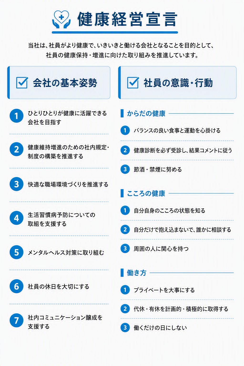 健康経営宣言。当社は、社員がより健康で、いきいきと働ける会社となることを目的として、社員の健康保持・増進に向けた取り組みを推進しています。【会社の基本姿勢】1 ひとりひとりが健康に活躍できる会社を目指す 2 健康維持増進のための社内規定・制度の構築を推進する 3 快適な職場環境づくりを推進する 4 生活習慣病予防についての取組を支援する 5 メンタルヘルス対策に取り組む 6 社員の休日を大切にする 7 社内コミュニケーション醸成を支援する【社員の意識・行動】からだの健康：1 バランスの良い食事と運動を心掛ける 2 健康診断を必ず受診し、結果コメントに従う 3 節酒・禁煙に努める／こころの健康：1 自分自身のこころの状態を知る 2 自分だけで抱え込まないで、誰かに相談する 3 周囲の人に関心を持つ／働き方：1 プライベートを大事にする 2 代休・有休を計画的・積極的に取得する 3 働くだけの日にしない
